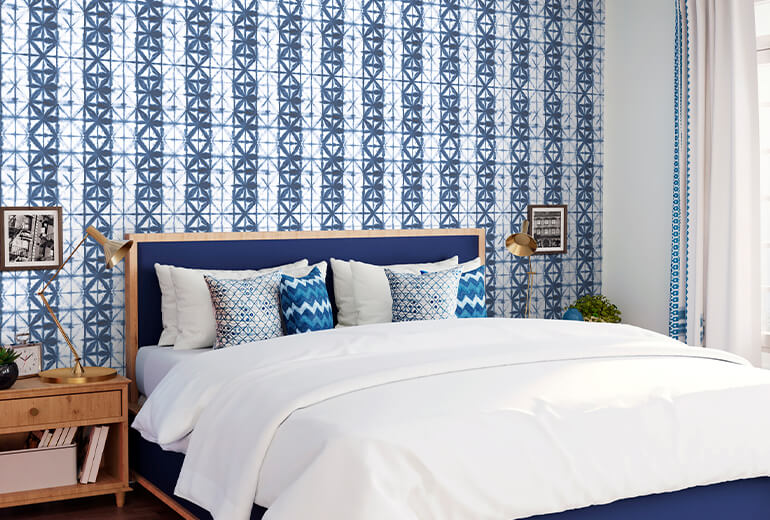 Master bedroom design with blue patterned wallpaper - Asian Pain